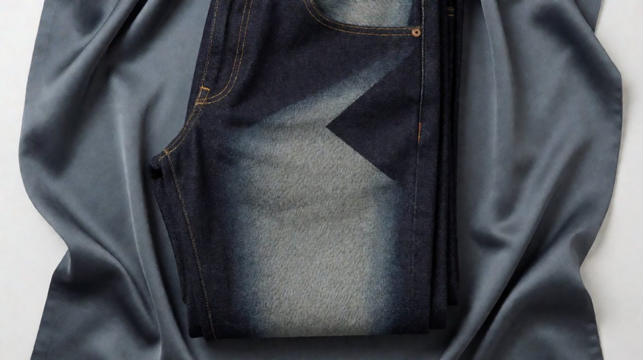 Industrial laser etches fade pattern onto indigo denim in bright clean factory setting