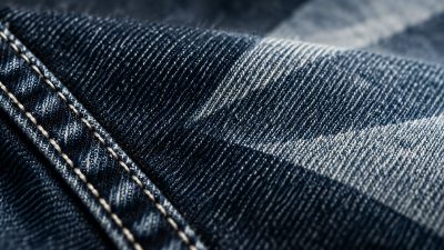 Stack of indigo jeans on a wooden table beside a tailor's measuring tape in soft natural light