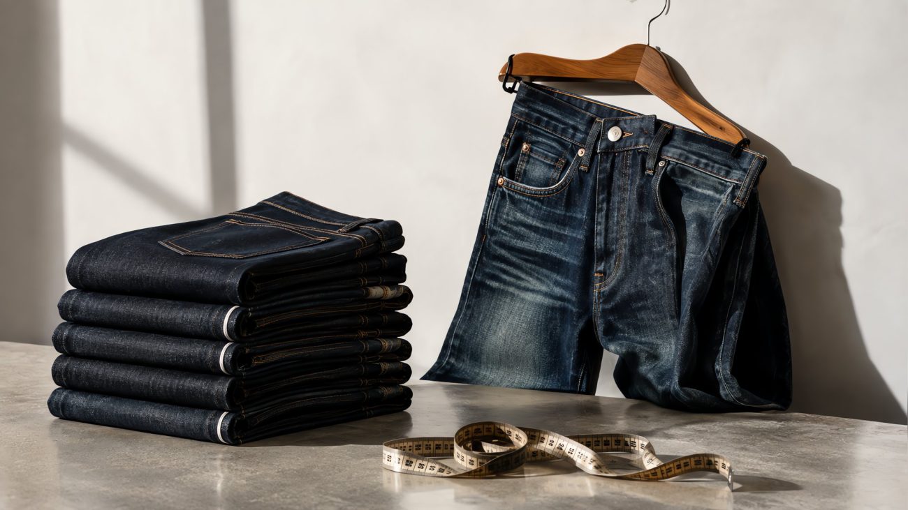 Stack of folded indigo jeans beside a pair on a wooden hanger with a tailor tape on a pale surface in soft daylight