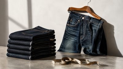 Stack of folded indigo jeans beside a pair on a wooden hanger with a tailor tape on a pale surface in soft daylight