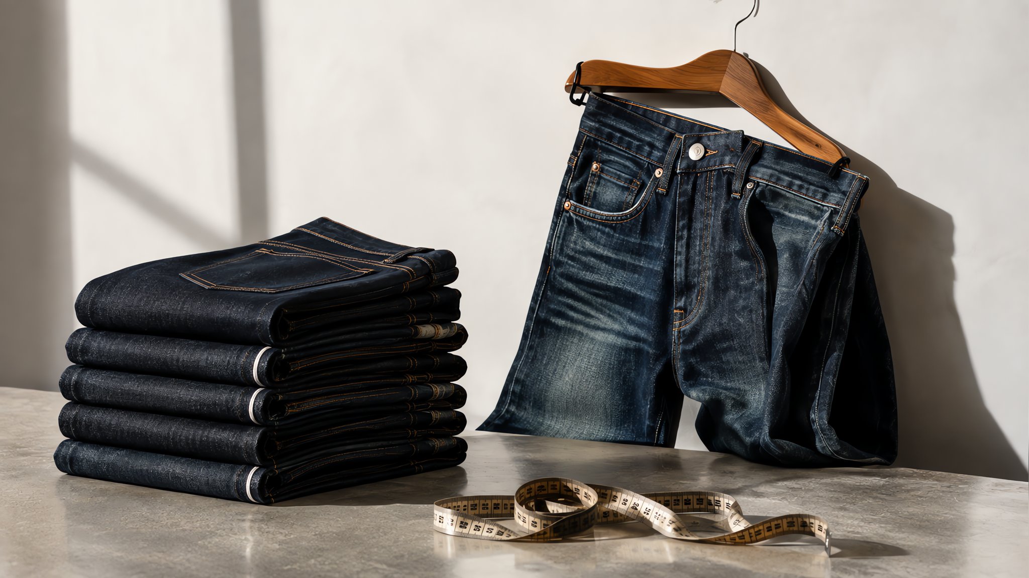 Stack of folded indigo jeans beside a pair on a wooden hanger with a tailor tape on a pale surface in soft daylight