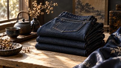 Folded stack of raw indigo jeans beside a wooden hanger on a pale linen cloth in soft daylight