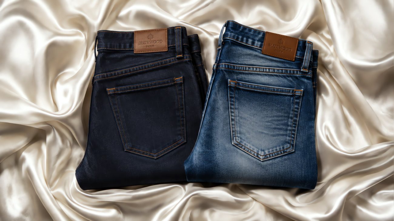 Folded stack of indigo jeans with a pair on a wooden hanger beside a tailor tape on rustic wood