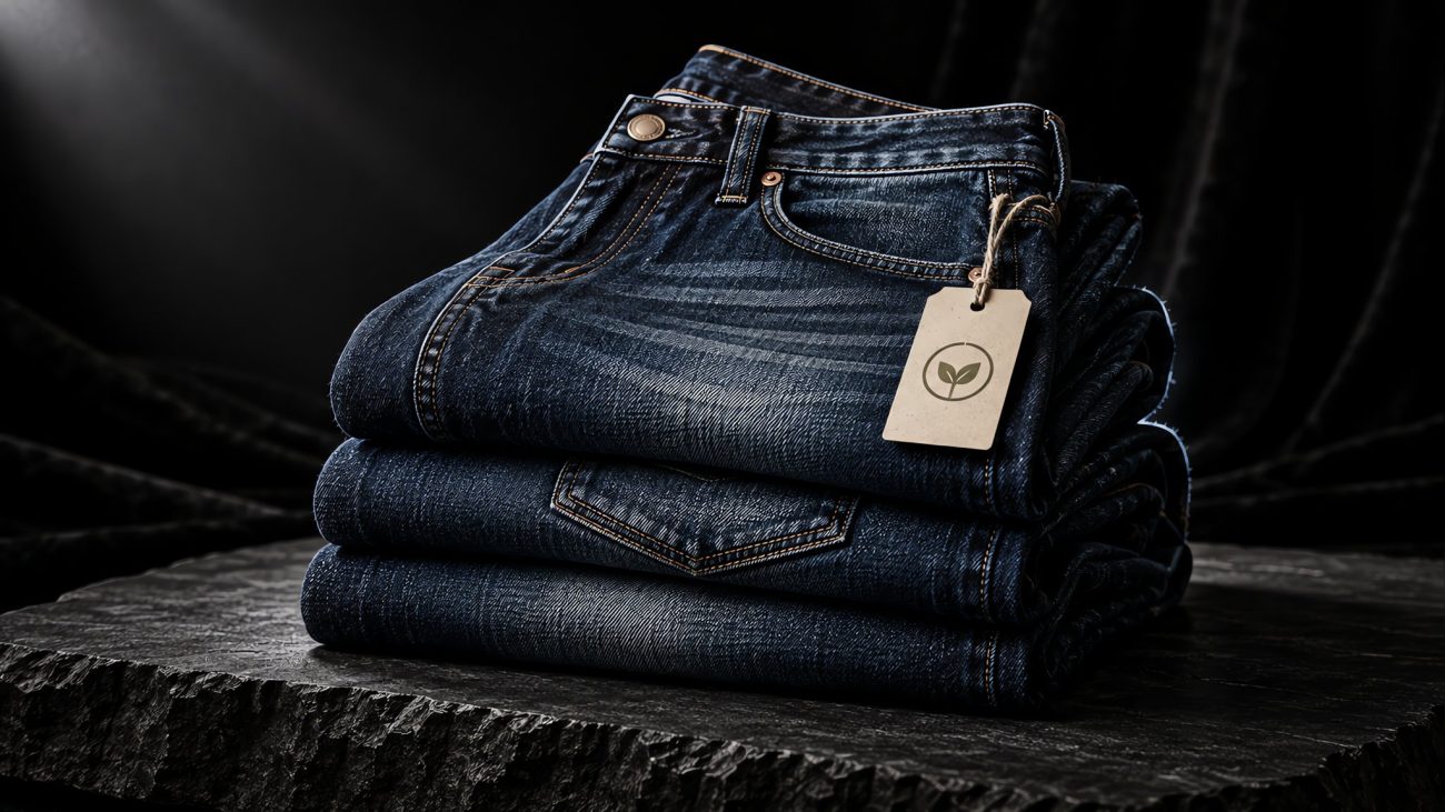 Stack of indigo jeans under soft natural light beside a tailor's measuring tape on a muted minimalist backdrop