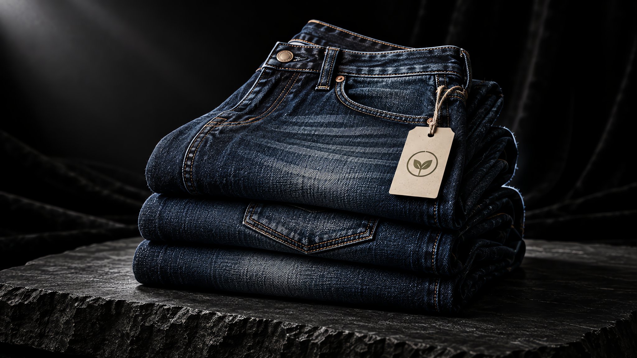 Stack of indigo jeans under soft natural light beside a tailor's measuring tape on a muted minimalist backdrop