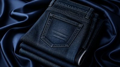 Stack of indigo jeans on wooden hanger beside tailor tape in soft light
