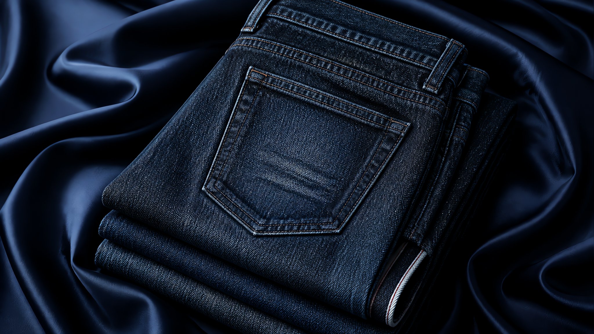 Stack of indigo jeans on wooden hanger beside tailor tape in soft light