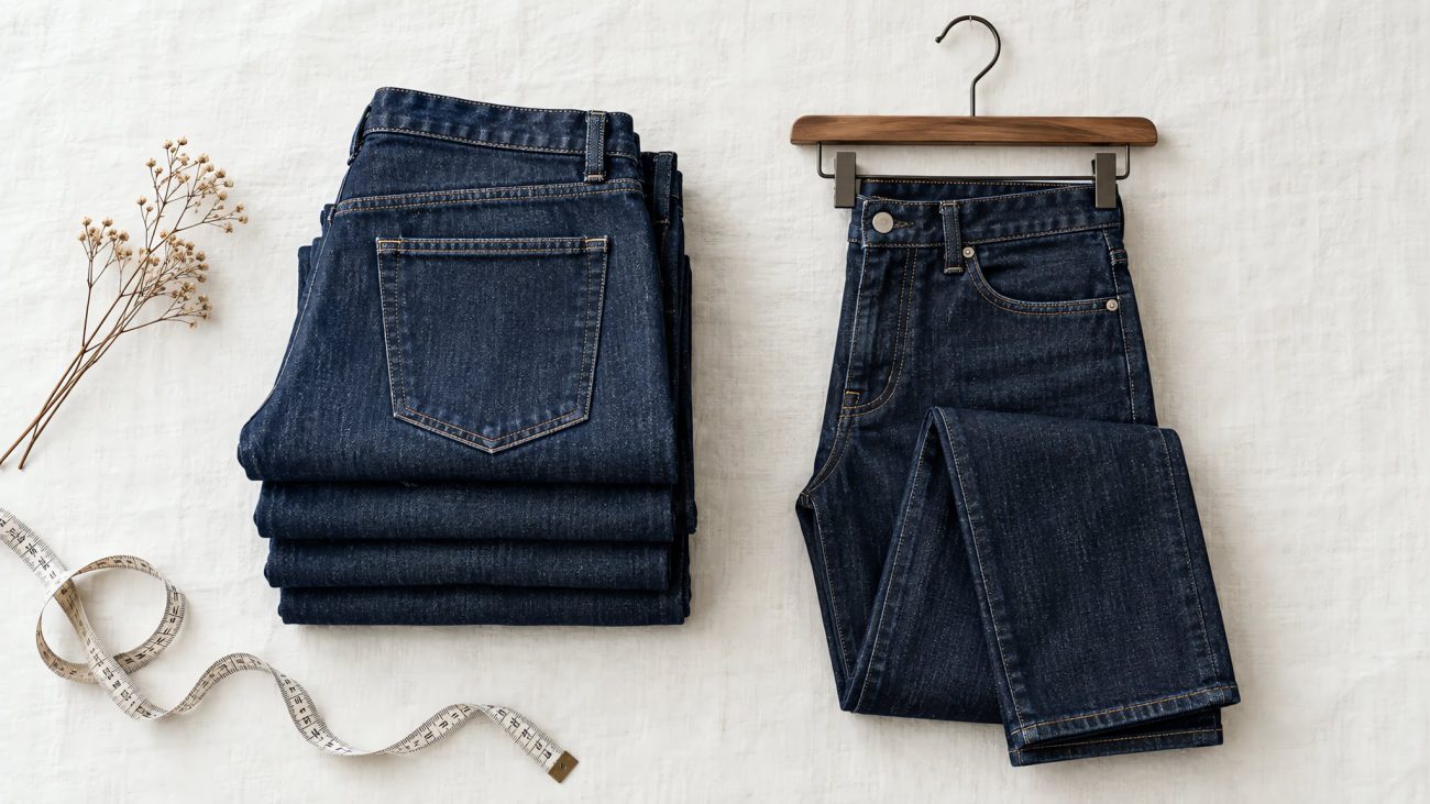 Neatly folded stack of indigo denim jeans beside a wooden hanger and tailor tape on a light surface