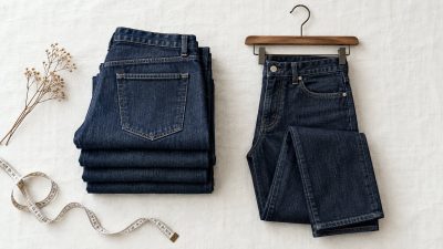 Neatly folded stack of indigo denim jeans beside a wooden hanger and tailor tape on a light surface