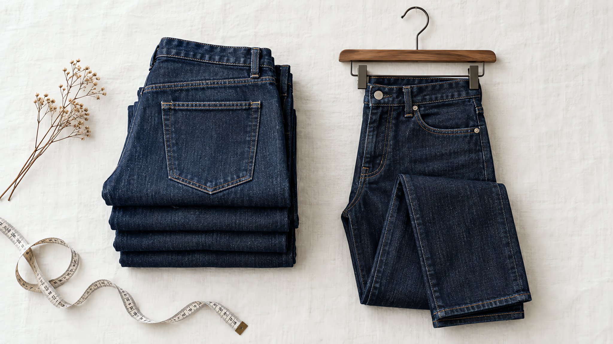 Neatly folded stack of indigo denim jeans beside a wooden hanger and tailor tape on a light surface