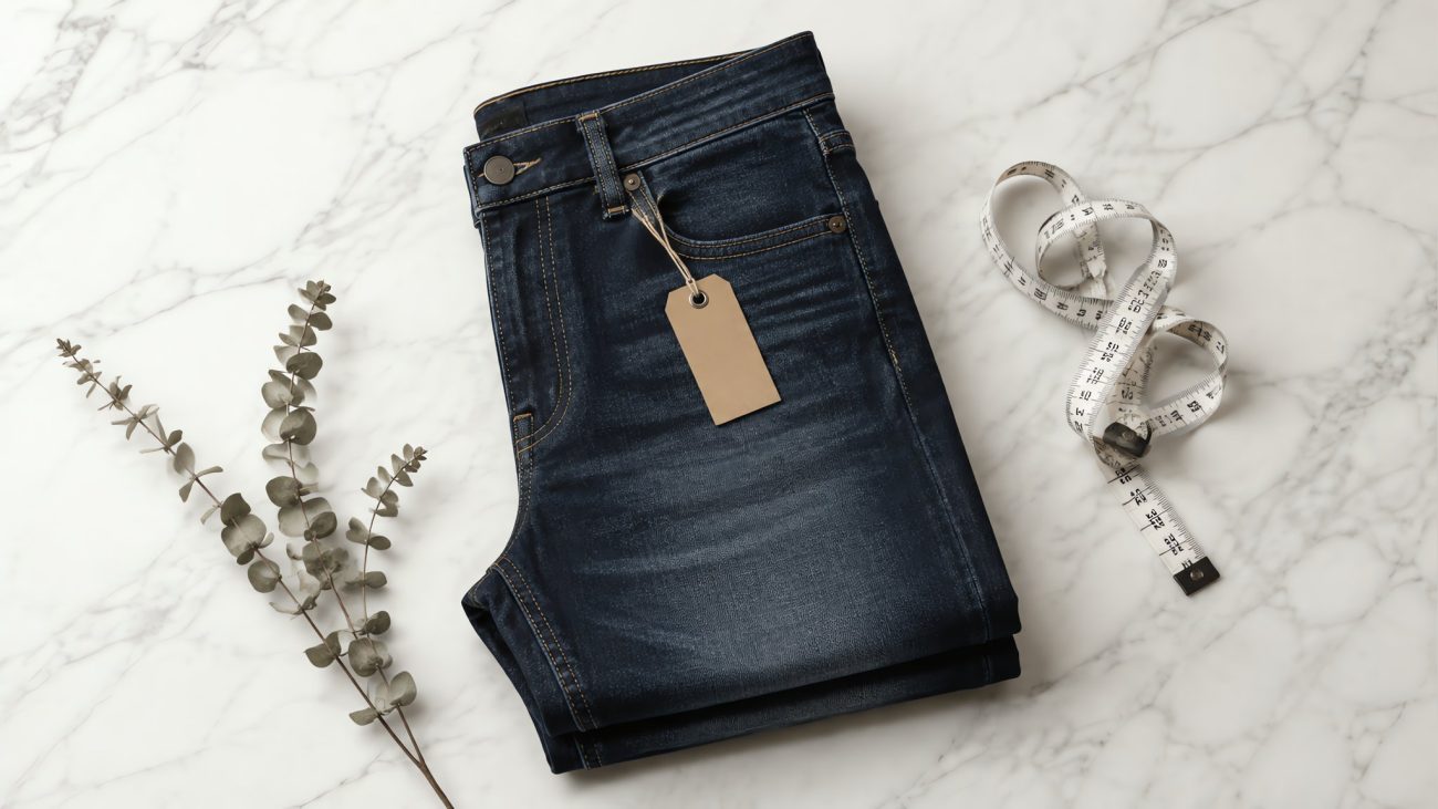 Stack of folded indigo jeans on a wooden table beside a tailor's measuring tape in soft natural light