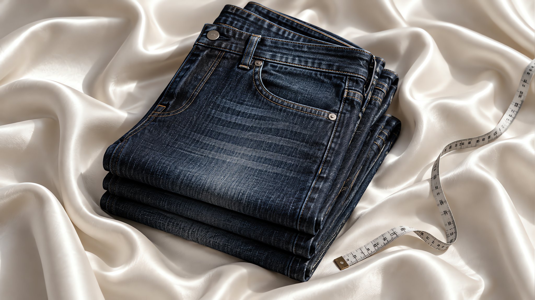 Neatly folded stack of indigo jeans on wooden table with tailor measuring tape in soft natural light