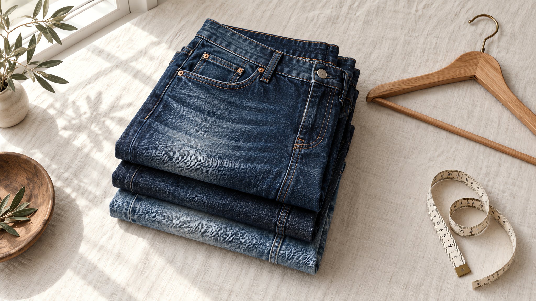 Neatly folded stack of indigo jeans beside a wooden hanger and tailor tape on neutral linen in soft natural light