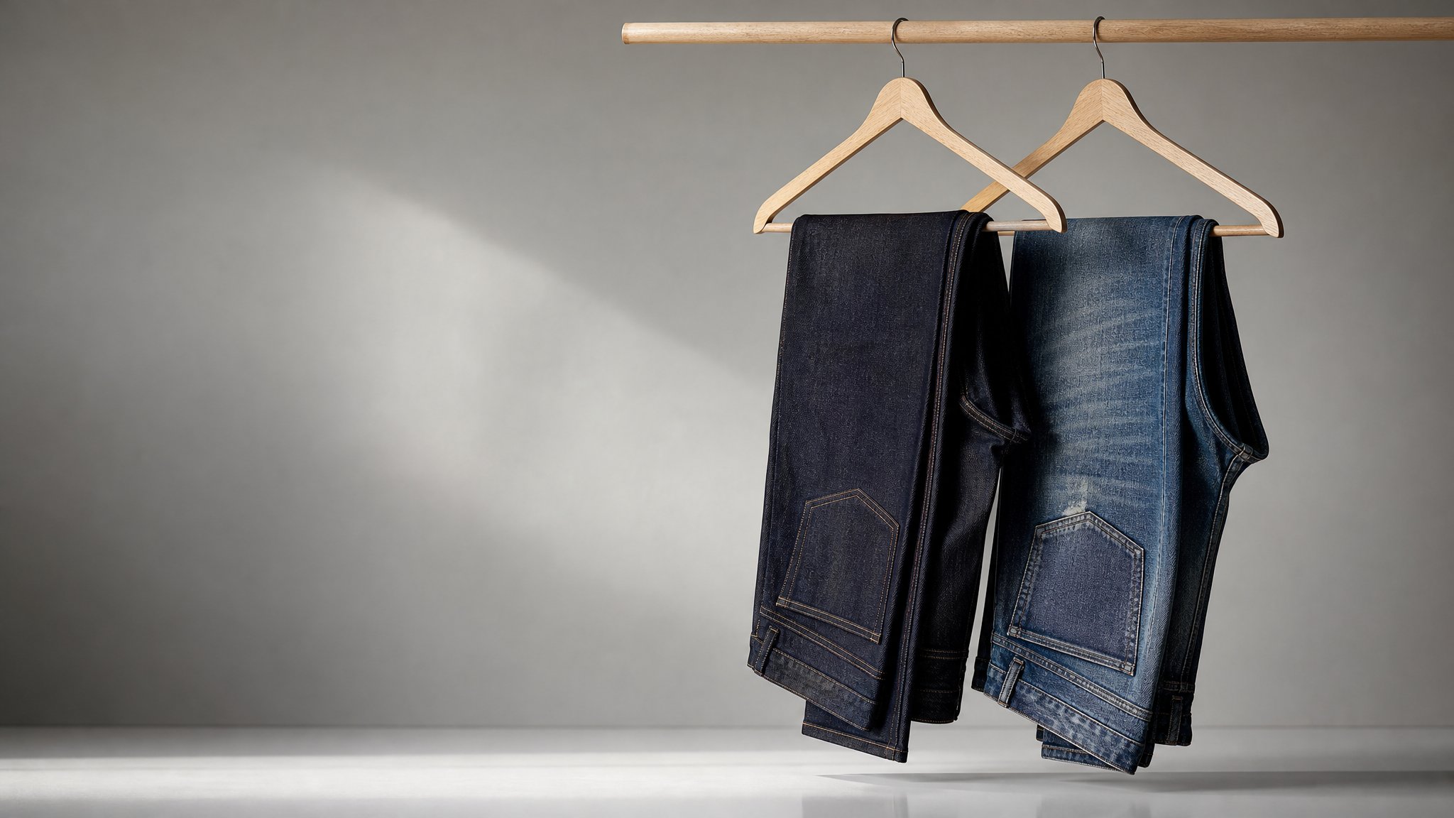 Stack of folded indigo jeans on a wooden hanger beside a tailor measuring tape in soft natural light