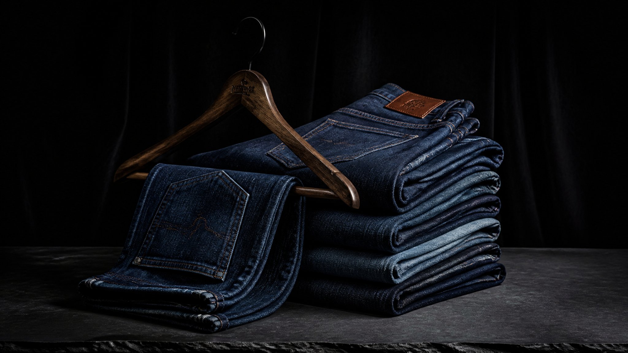 Pair of indigo jeans hanging on a wooden hanger against a plain white wall, soft daylight, minimalist