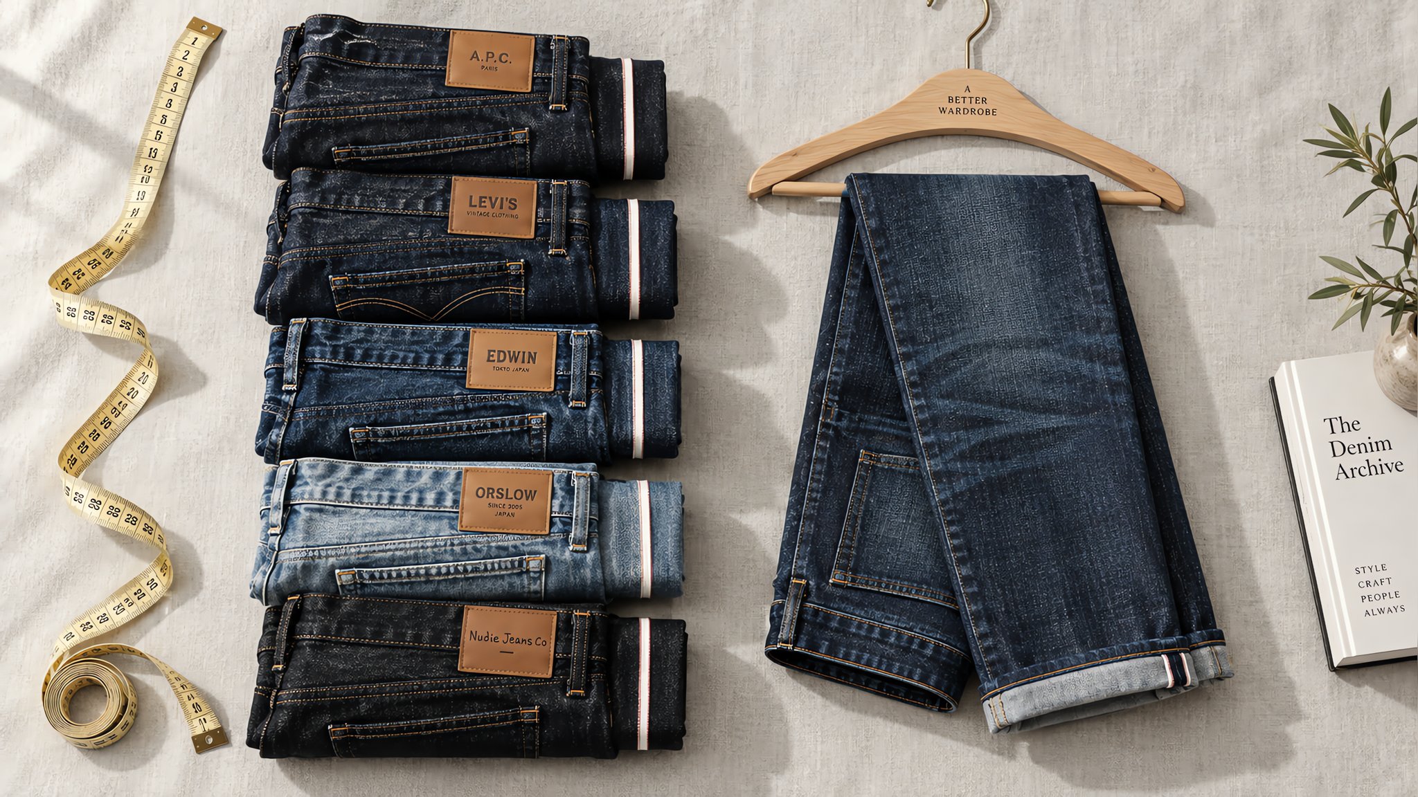 Neatly folded stack of indigo jeans on a wooden shelf beside a tailor tape in soft natural light