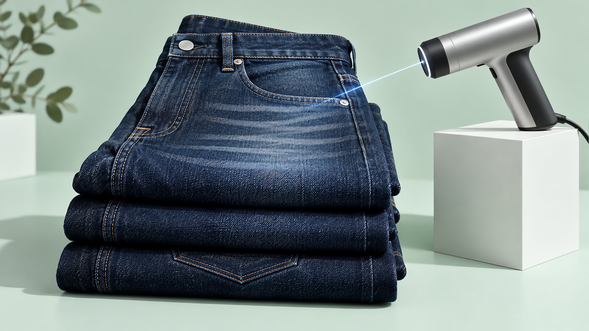 Industrial laser etching a fade pattern onto dark indigo denim in a clean minimalist workshop, soft natural light