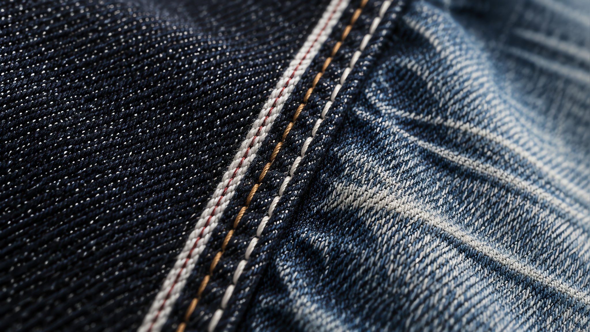 Folded stack of raw indigo jeans beside a washed pair on a wooden hanger with a tailor tape in soft natural light