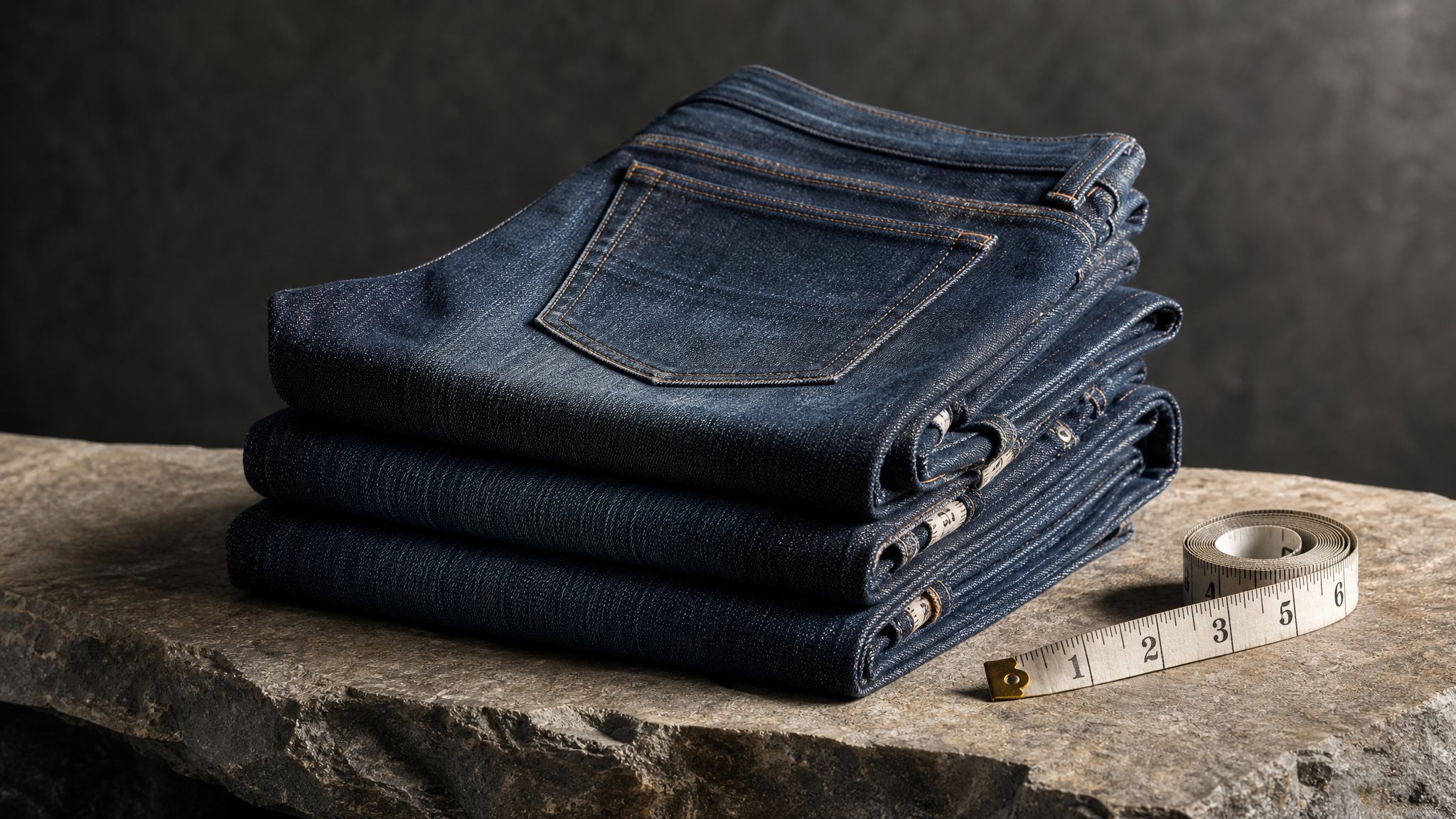 Stack of folded indigo jeans beside a wooden hanger and tailor tape on a light oak table in soft daylight