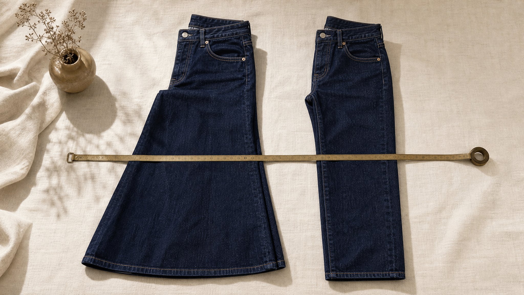 Stack of folded indigo jeans beside a pair on a wooden hanger with a tailor tape measure on a light surface